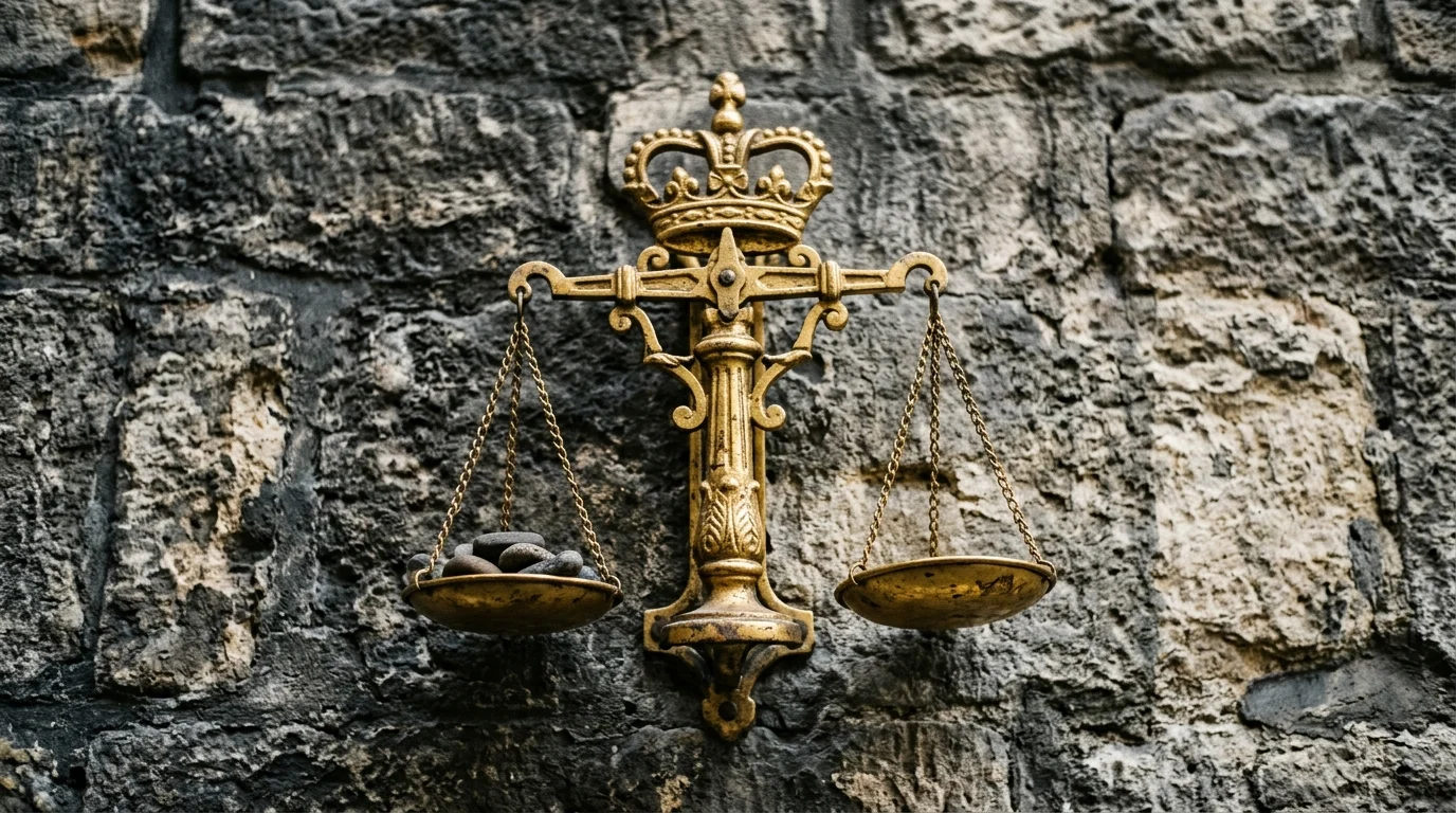 A golden scales of justice emblem on a stone wall.