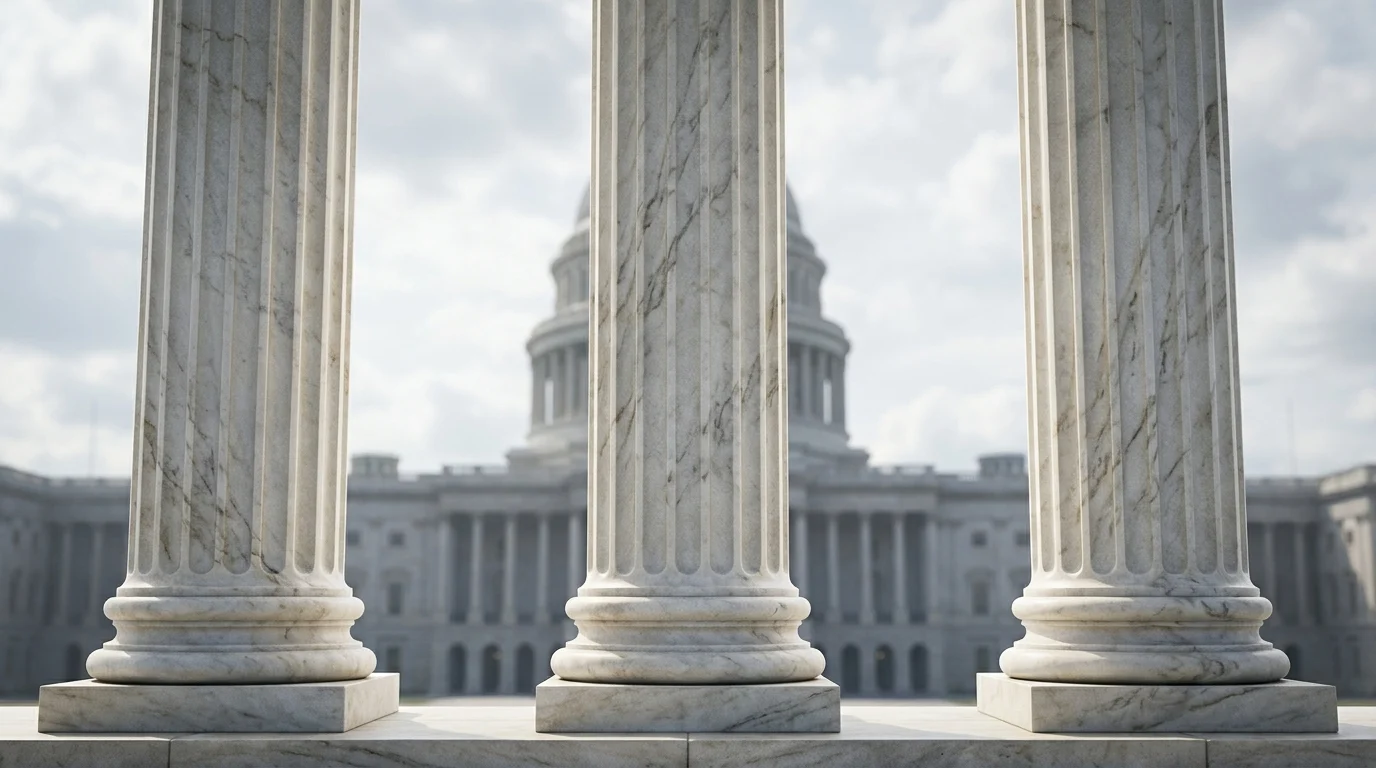 Three stone pillars representing branches of government.