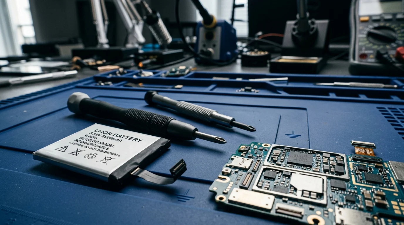 Close-up of a precision screwdriver and smartphone internal parts.