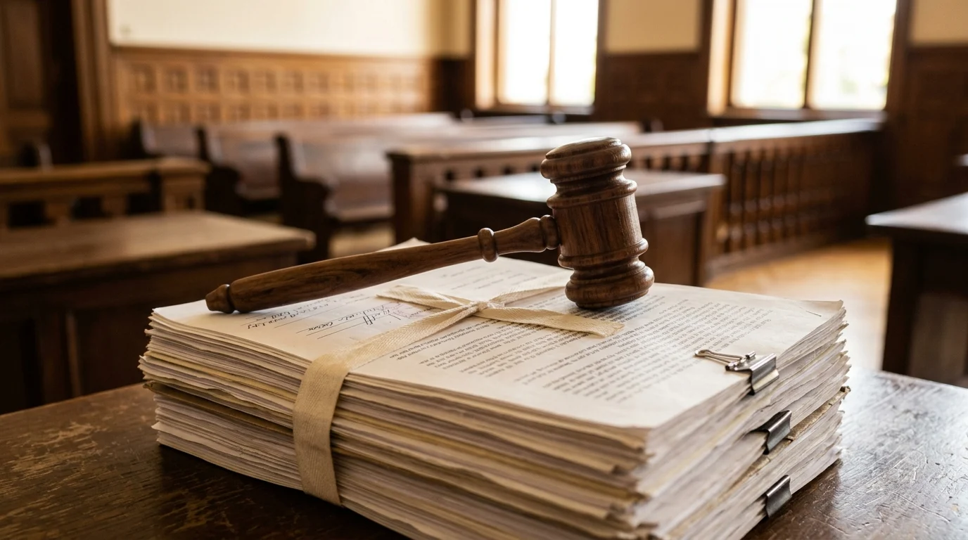 A wooden gavel resting on top of legal paperwork.