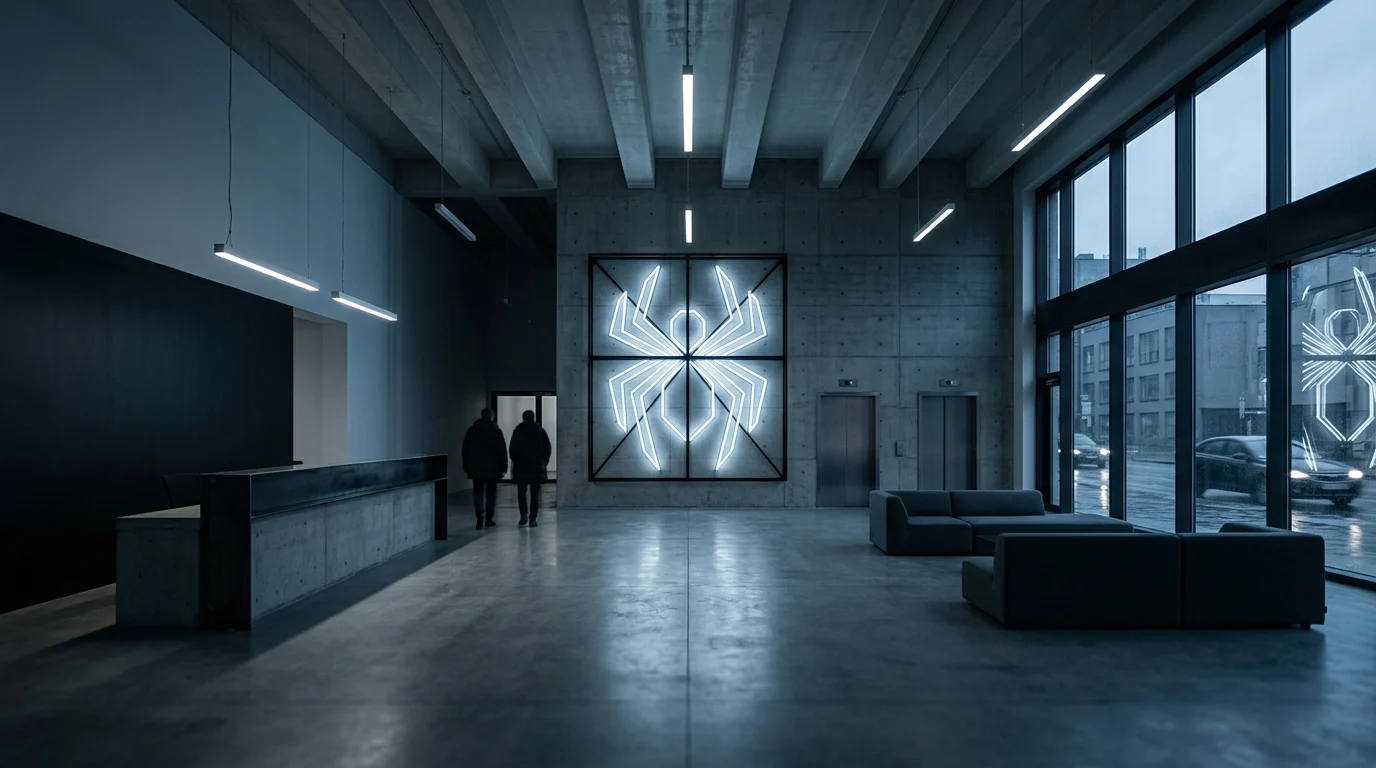 Industrial office lobby with a glowing spider generic unbranded visual on the wall