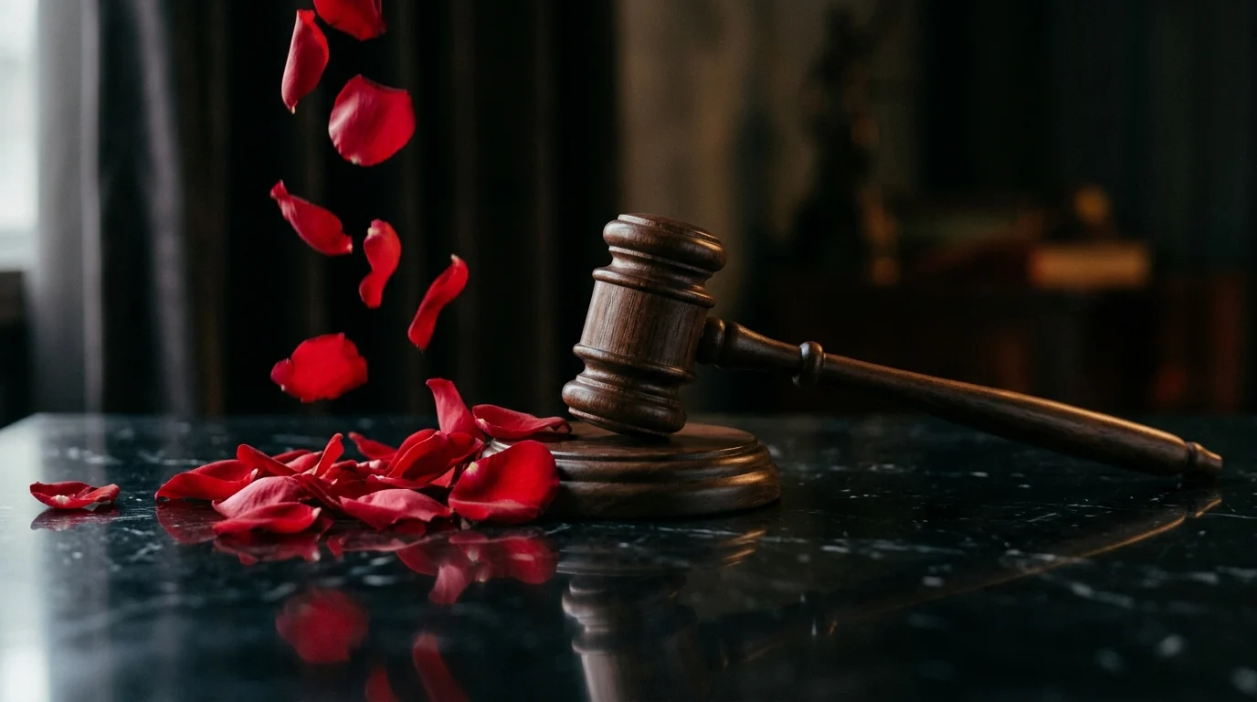Falling rose petals near a gavel on a dark surface.