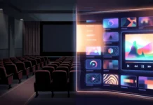 Alien: Covenant Climbs Streaming Charts as Ridley Scott’s The Dog Stars Exits Theaters A conceptual split illustration of a digital streaming screen and an empty movie theater.