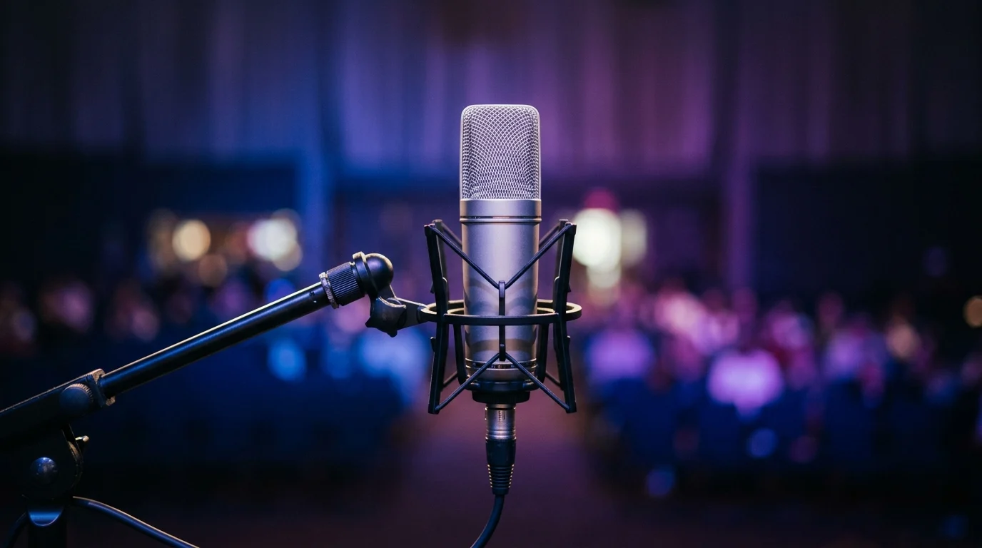 A studio microphone on a stage with soft background lighting.