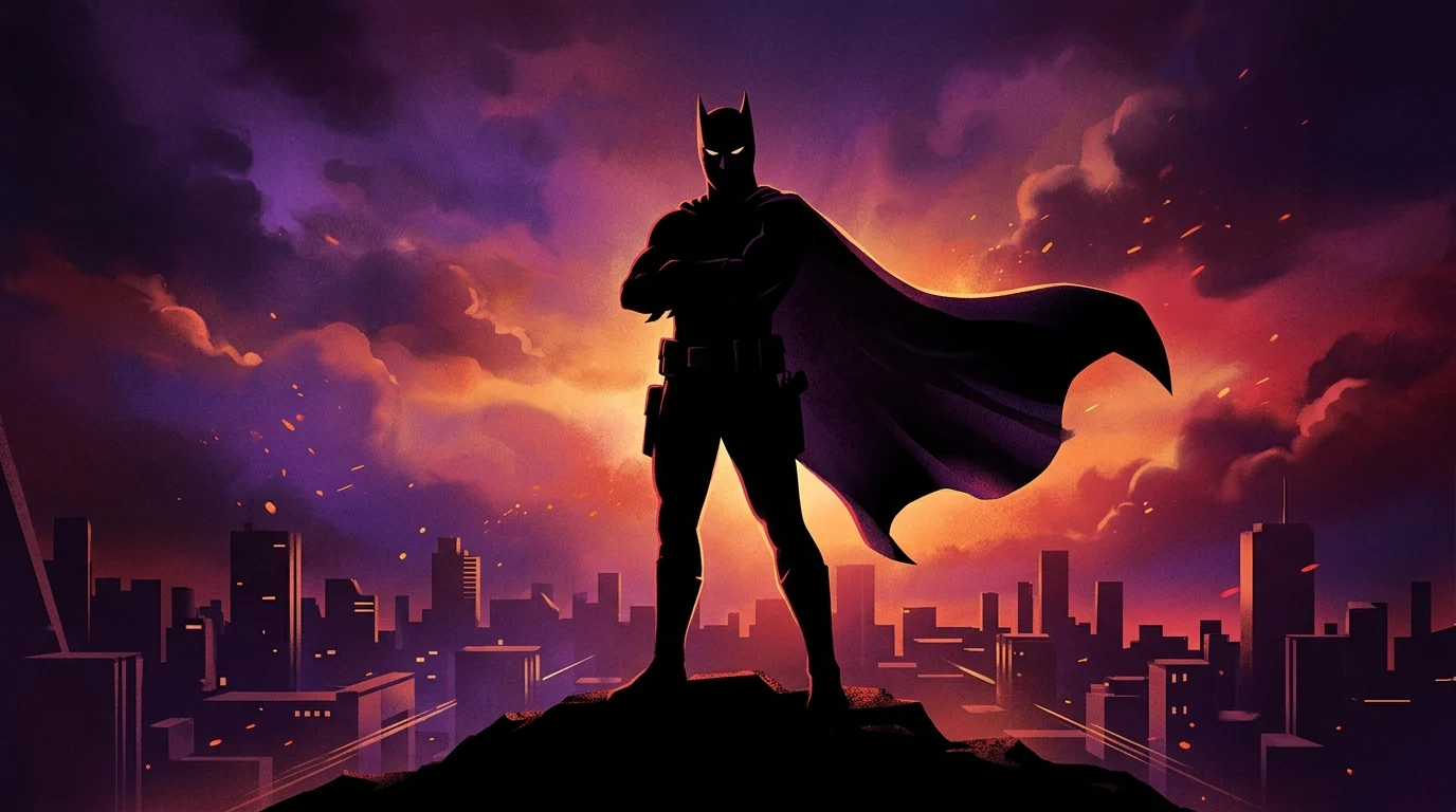A backlit silhouette of a masked figure in a superhero cape.