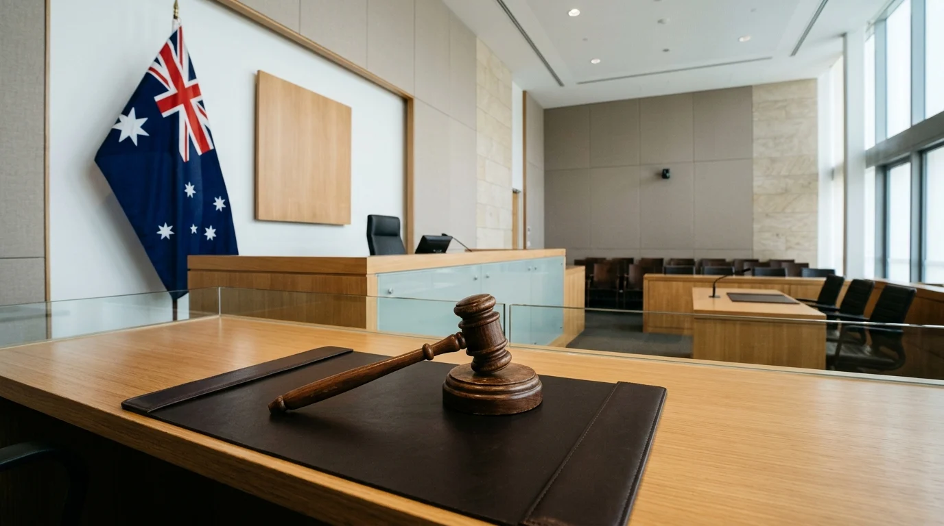 A gavel on a courtroom desk with an Australian flag in the background.