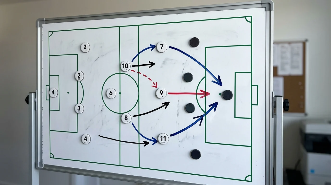 A tactical soccer coaching board showing player movement.