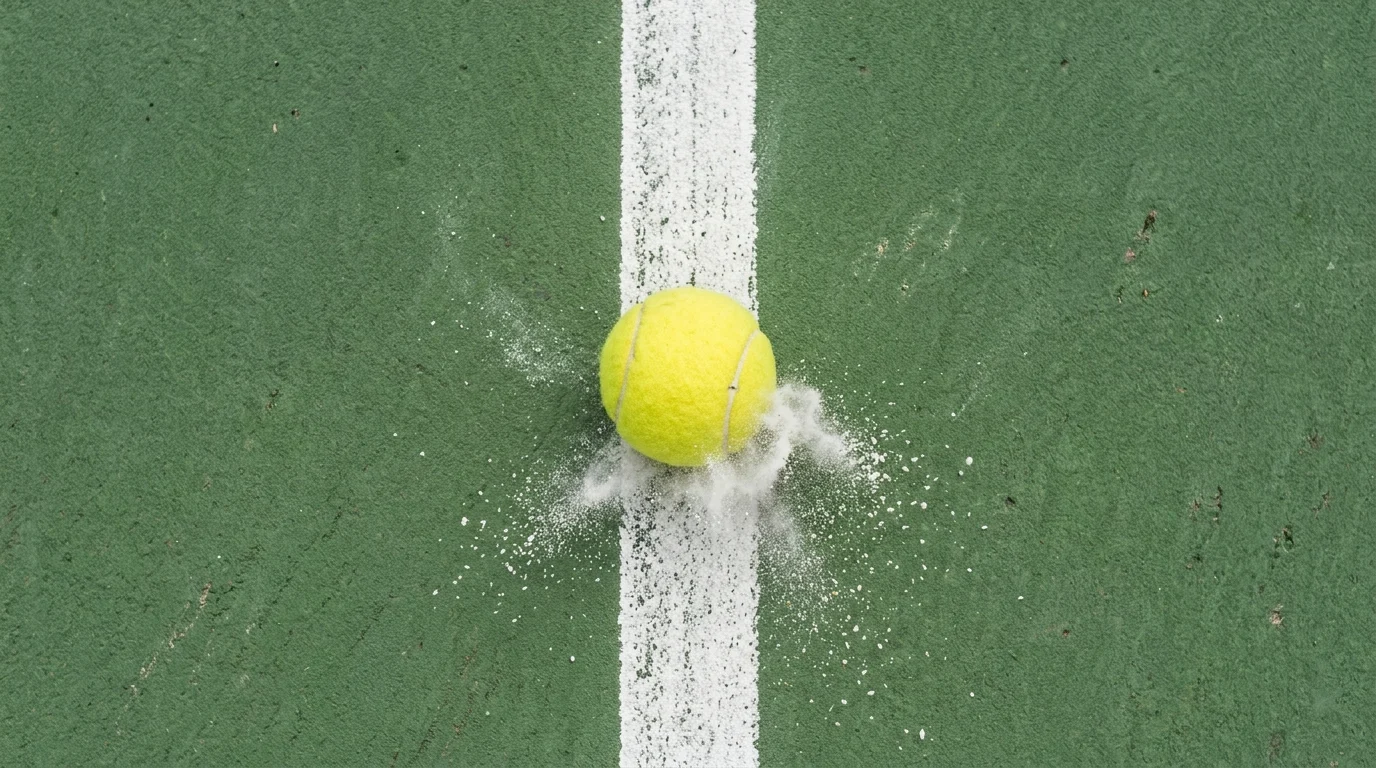 A tennis ball hitting the line on a hard court.