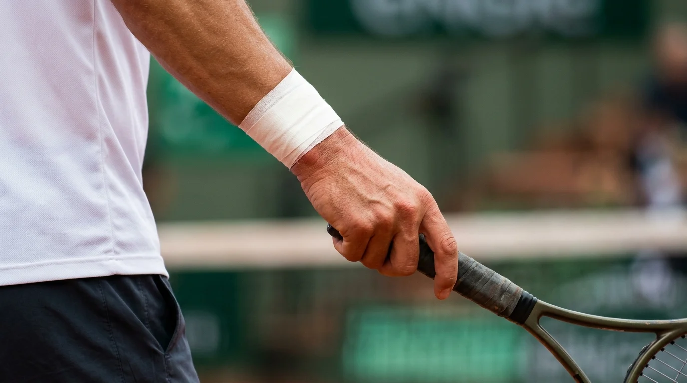 Close-up of a tennis player's taped hand and racquet grip.