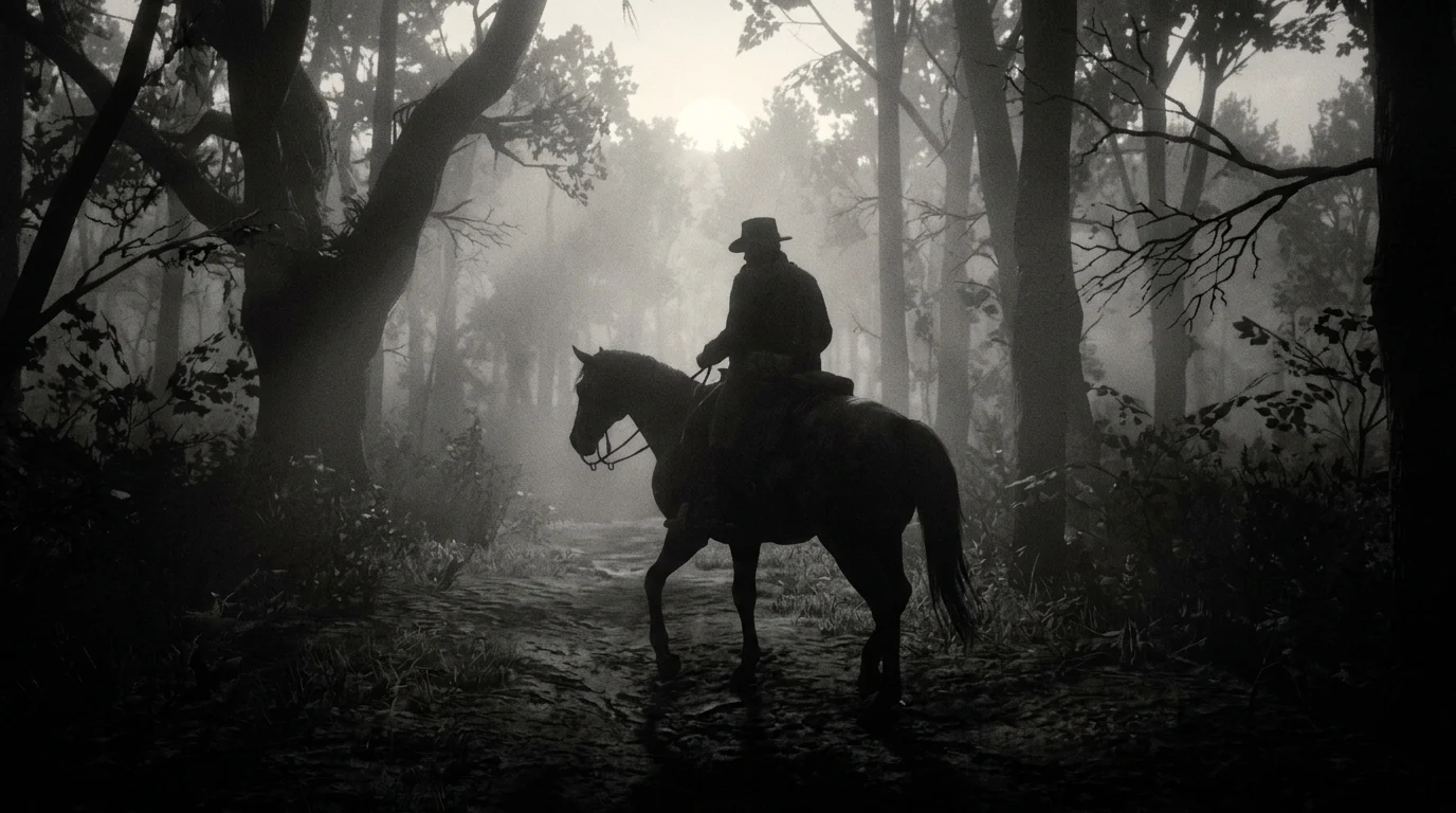 A silhouette of a rider in a foggy forest.