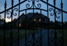 A mysterious large suburban house at dusk seen from a distance.