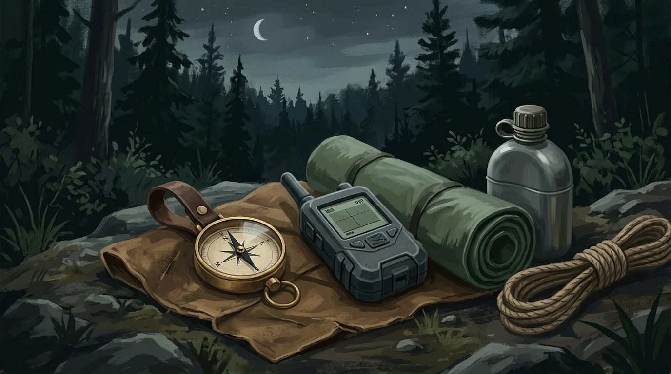 Stylized survivalist gear and a compass against a forest backdrop.