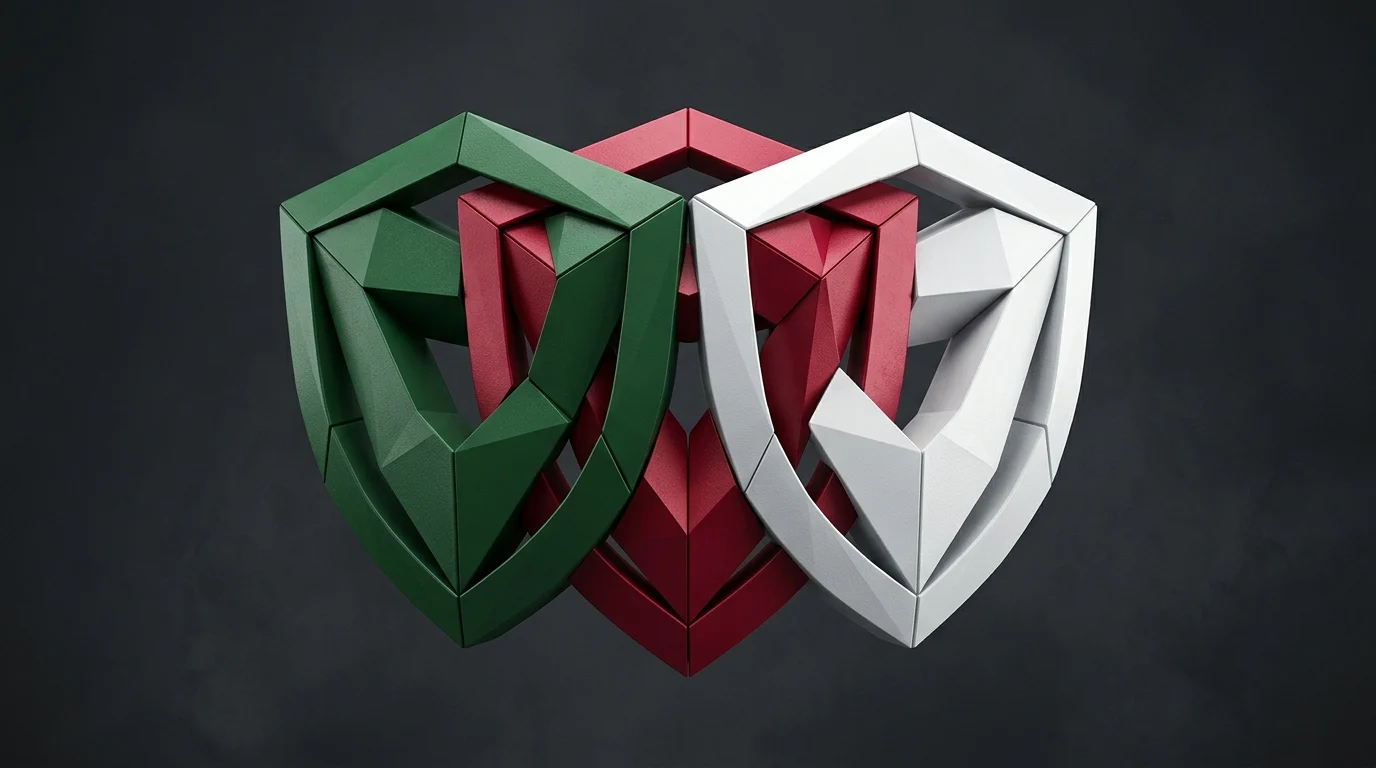 Abstract representation of a trilateral defense pact with interlocking shields.