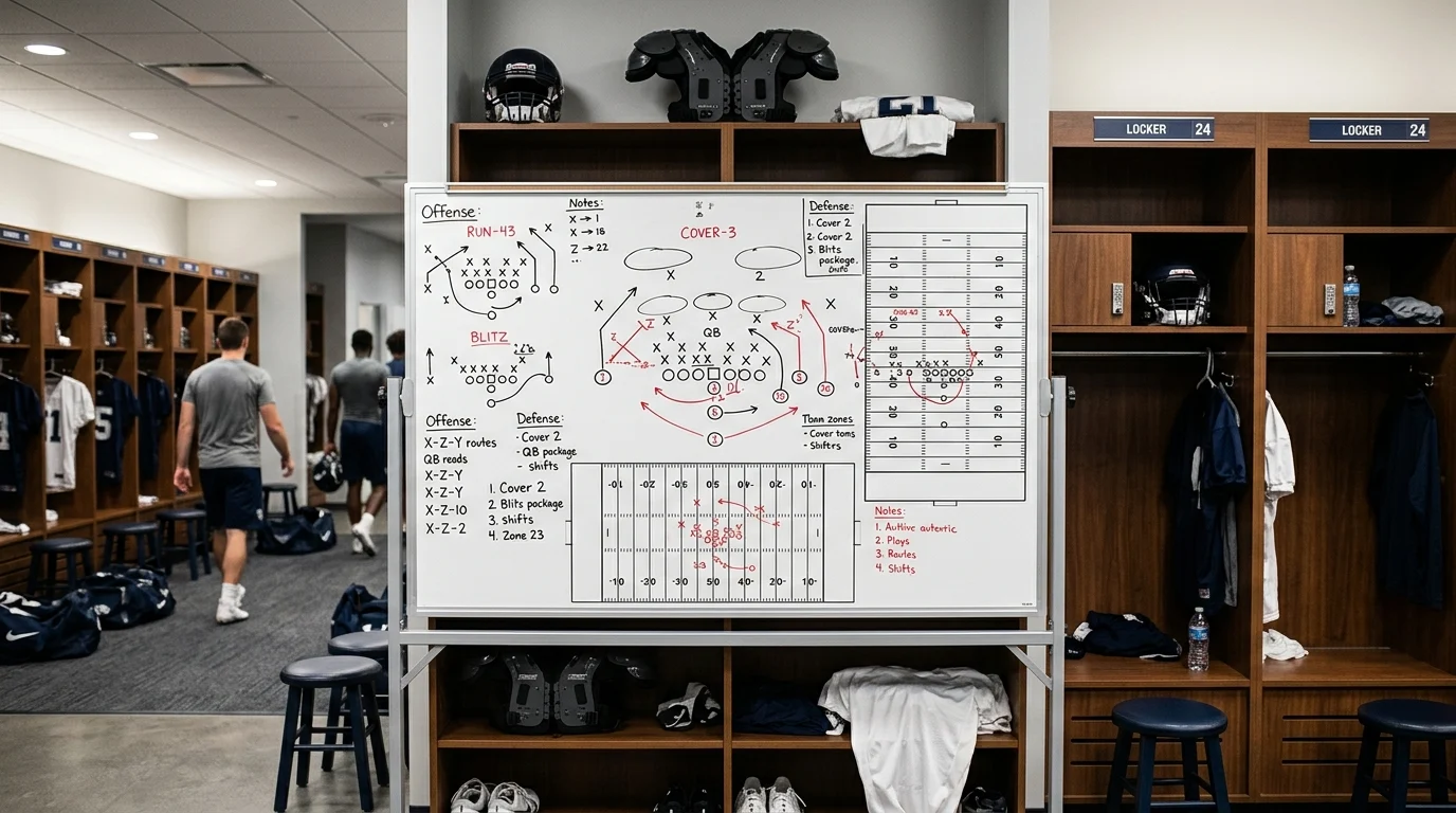 A tactical whiteboard in a football locker room.