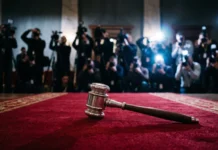A conceptual depiction of a legal gavel on a red carpet with camera flashes.