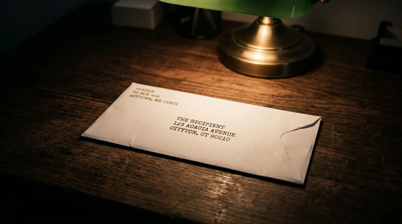 A typed letter on a dark desk representing surveillance themes.