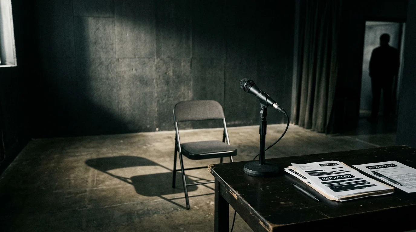 A minimalist scene showing an interview setup with redacted papers and a microphone.